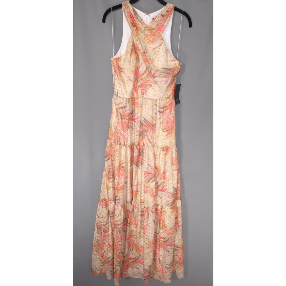 AIDAN MATTOX New Womens Maxi Dress 6 Halter Tiere Metallic Coral Floral Abstract